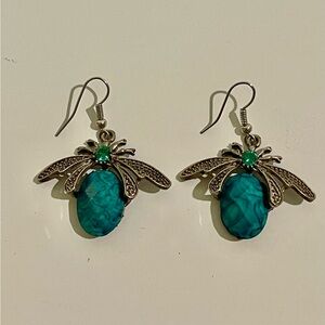 Bee Bug Fly Earrings Turquoise Teal Drop Dangle Fishhook Rhinestone